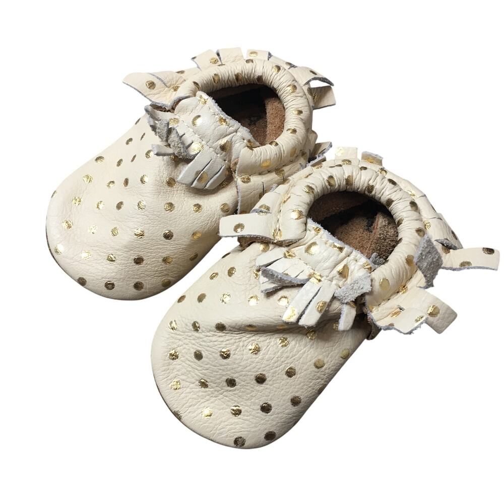 Freshly Picked Leather Moccasins Fringe Baby Shoes Cream Gold Polka Dots SZ 4